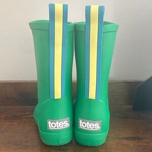 Totes Kids Green Boots with Blue and Yellow Stripes
